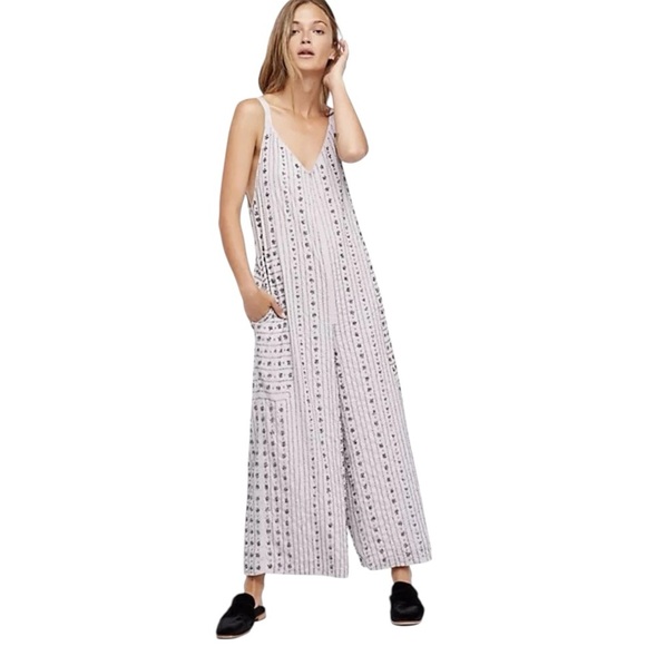 Free People Beaded Wide Leg Jumpsuit Gray Boho Festival Sleeveless Size Small